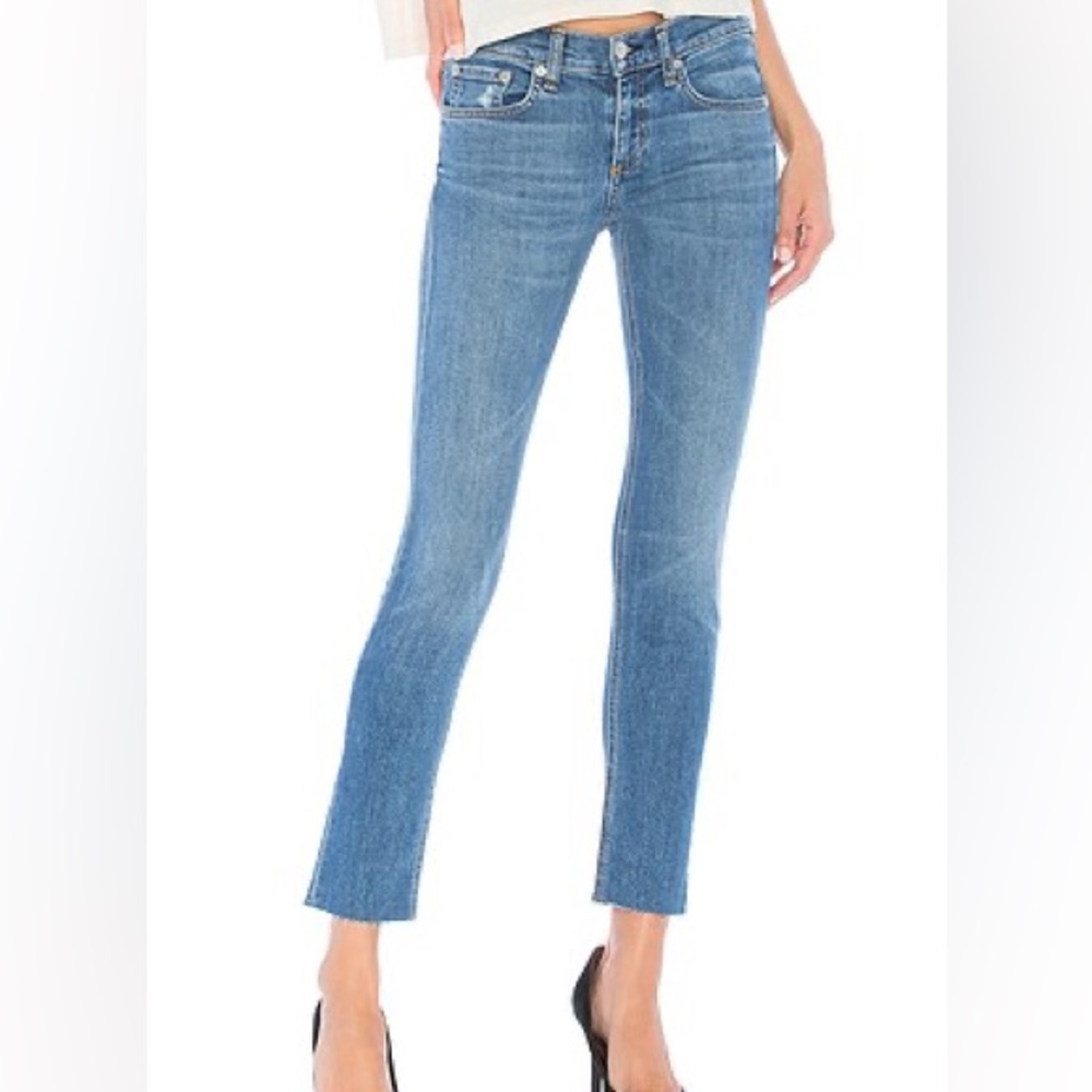 Rag & Bone Revolve Dre Ambra Lightly Distressed Straight Leg Raw Hem Jean Capris
